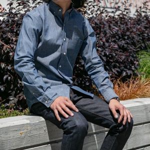 Gustin indigo chambray button-down shirt